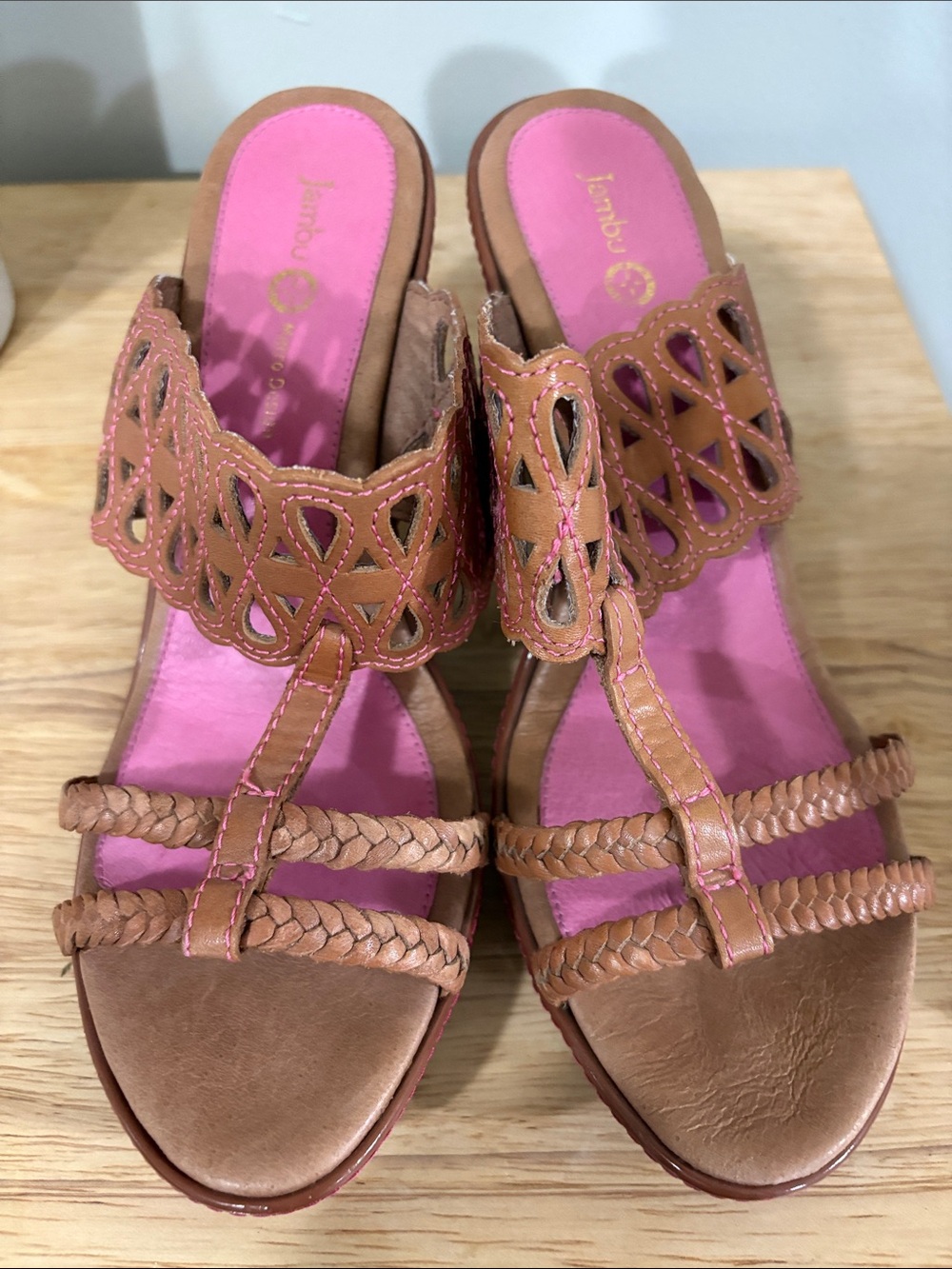 Jambu Brown T-Strap Braided Heels with Pink Insole